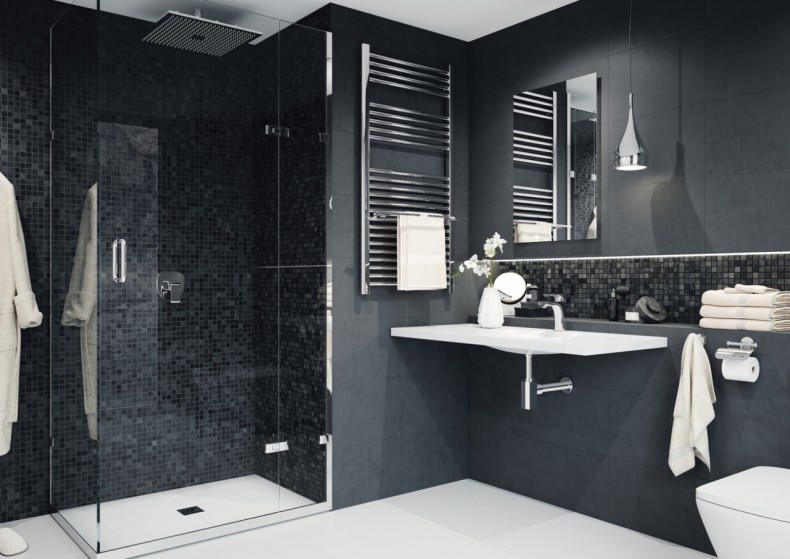 Ciemna łazienka z przeszklonym prysznicem i piękną mozaiką...
