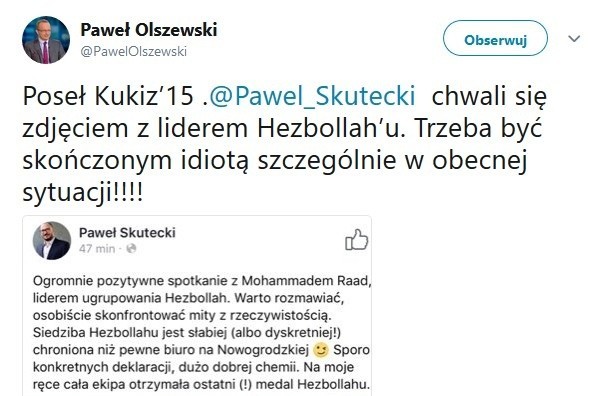 Poseł Paweł Skutecki chwali się spotkaniem z liderem szyickiego Hezbollahu, poseł Olszewski nazywa go idiotą