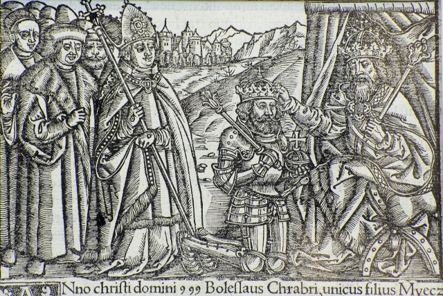 Koronacja Bolesława Chrobrego, drzeworyt z książki Macieja z Miechowa, „Chronica Polonorum” (Kronika Polska), 1521 r.