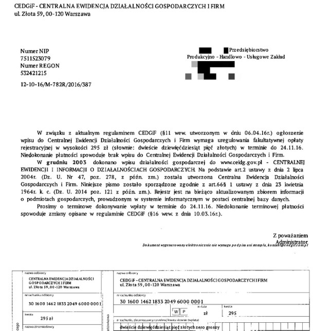 Tak wygląda pismo wirtualnej firmy z Warszawy.