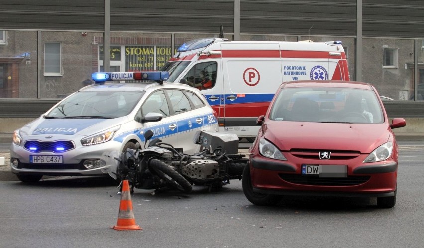 Wypadek na pl. Kromera. Policjant jadąc na motocyklu do pracy, zderzył się z peugeotem (ZDJĘCIA)