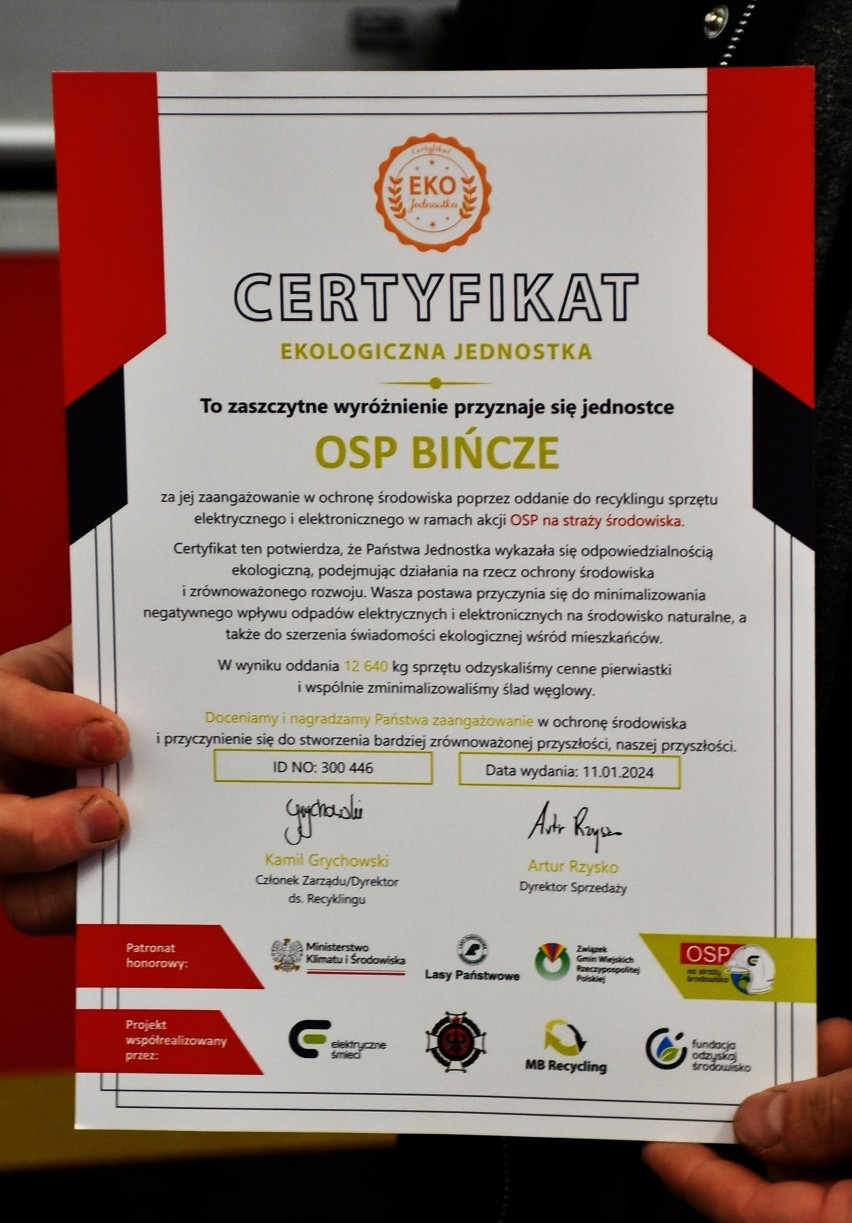 OSP Bińcze z certyfikatem "Ekologiczna jednostka"