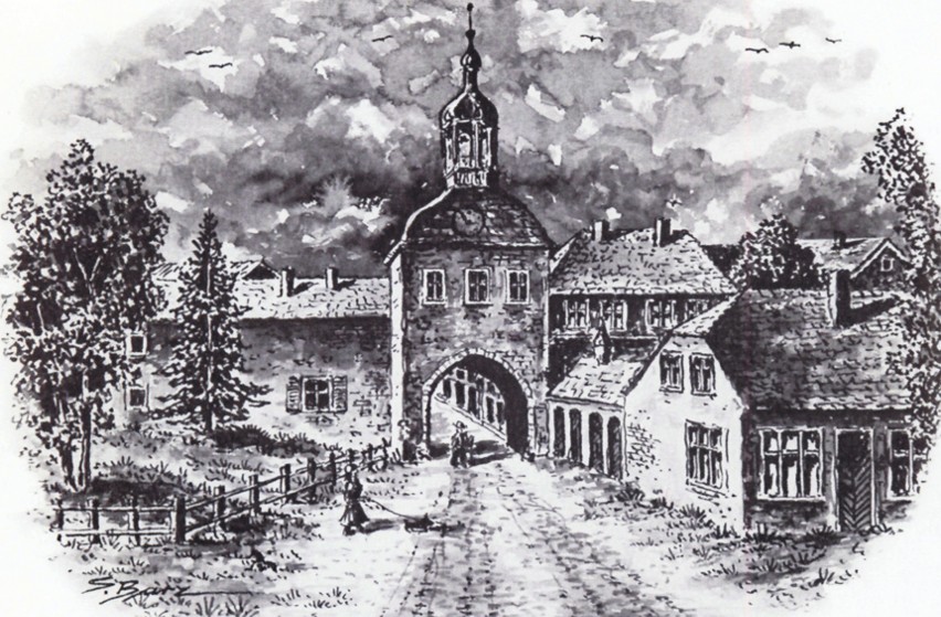 Brama Młyńska, rok 1780. Stała w miejscu, gdzie dziś...
