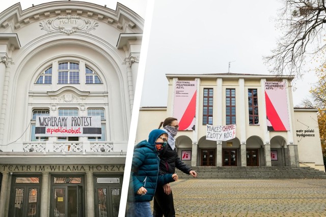 Od 2 listopada na gmachu Teatru Polskiego w Bydgoszczy (zdjęcie po prawej) w geście solidarności z protestującymi widnieje wymowny transparent. Protestujące kobiety wspiera również Teatr im. Wilama Horzycy w Toruniu (zdjęcie po lewej).