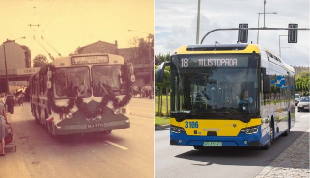 Po lewej: 20 lipca 1985 roku - pierwszy trolejbus w Słupsku jedzie ul. Szczecińską. Po prawej: 3 sierpnia 2023 r. autobus elektryczny na ul. 11 Listopada.