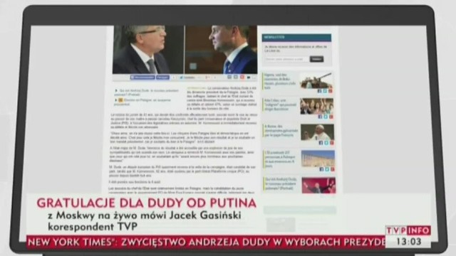 Prezydent Federacji Rosyjskiej Władimir Putin gratuluje Dudzie