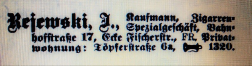 Wpis w "Adresbuchstrasse..." na rok 1917. Józef Rejewski...
