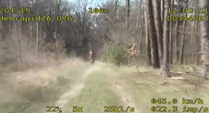 Pościg za motocyklistą w lesie. Wyleciał jak z katapulty i pobiegł dalej [wideo]