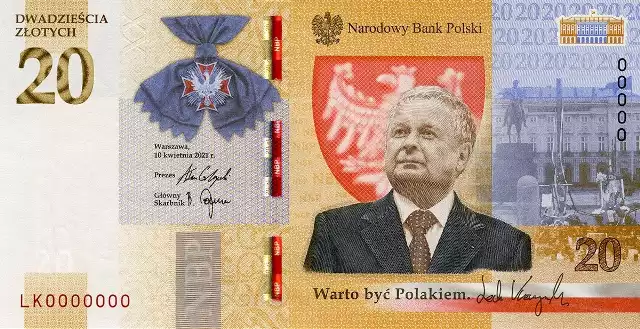 Na przedniej stronie banknotu znajduje się portret Prezydenta RP prof. Lecha Kaczyńskiego, wizerunek Orderu Orła Białego oraz Pałacu Prezydenckiego w Warszawie.