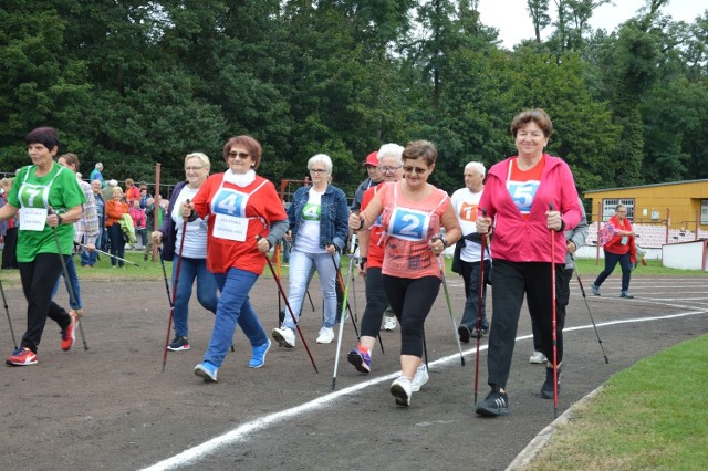 Olimpiada seniorów w Namysłowie. Jedną z najpopularniejszych konkurencji był nordic walking, czyli bieg z kijkami na różnych dystansach.