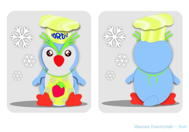 Pingwin Nori zaprojektowany przez Mateusza Dzierżyńskiego może mieć 2 wersje: klasyczna maskotka wykonana z polaru (około 25 cm) lub płaski breloczek z filcu lub gumy (około 5 cm).