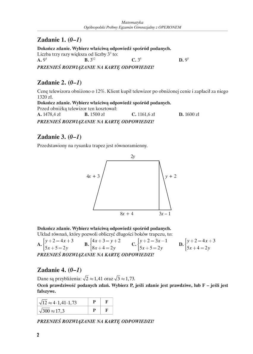 Próbny egzamin gimnazjalny 2018 OPERON: matematyka