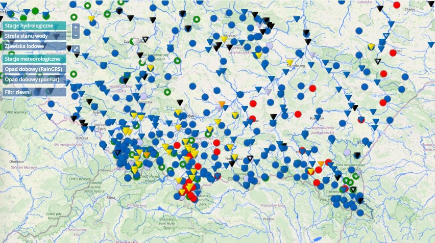 Stan opadów i poziomów rzek w Małopolsce z godz. 17