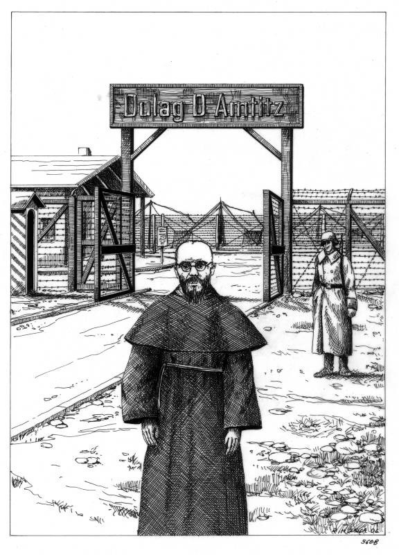 Rysunek przedstawiający ojca Maksymiliana Kolbe przed bramą obozową. Własność Muzeum Ziemi Lubuskiej w Zielonej Górze. Kopia znajduje się u franciszkanów w Niepokalanowie.