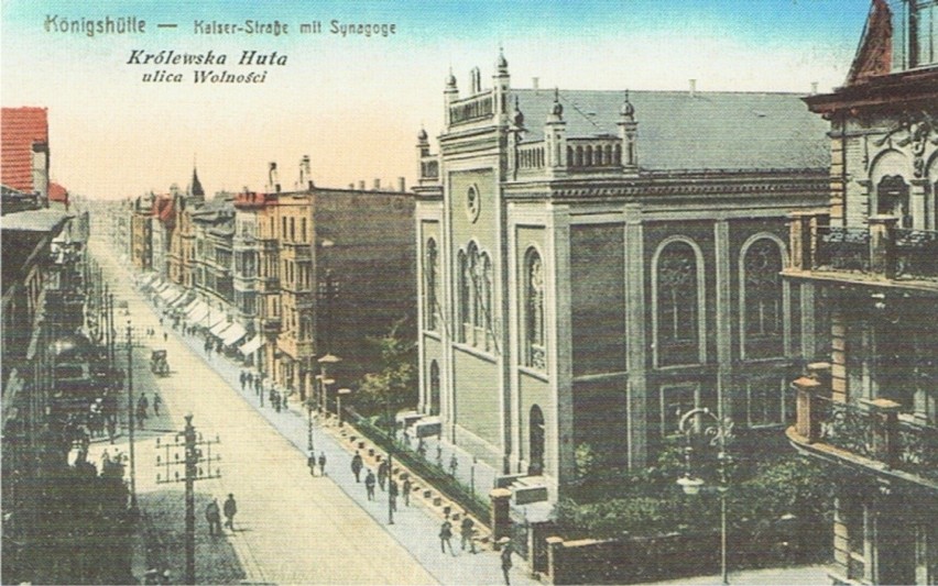 Pocztówka pokazująca dawną synagogę w Chorzowie