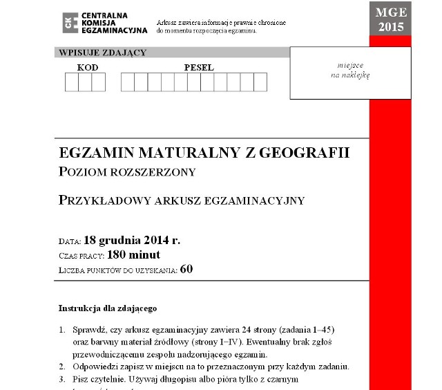 Geografia - poziom rozszerzony matura próbna CKE 2015 - próbny egzamin gimnazjalny grudzień 2014 - arkusze odpowiedzi CKE i klucz odpowiedzi CKE