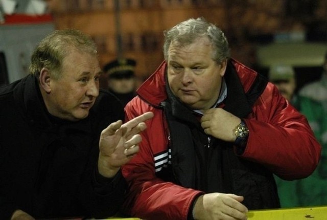 Jan Tomaszewski i Andrzej Grajewski na starym stadionie Widzewa