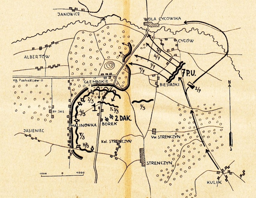 Szkic sytuacyjny ostatniej fazy bitwy pod Cycowem 16 sierpnia 1920 r.