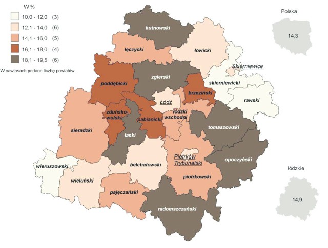 Poziom bezrobocia w powiatach województwa łódzkiego