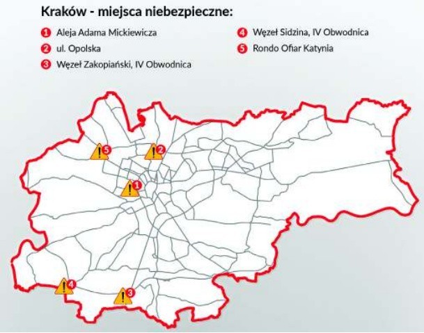 Na mapie zaznaczono punkty, w których kierowcy używający aplikacji Yanosik najczęściej zgłaszali, że są świadkami niebezpiecznego zajścia. Od stycznia do września br. 230 takich zdarzeń było na al. Mickiewicza