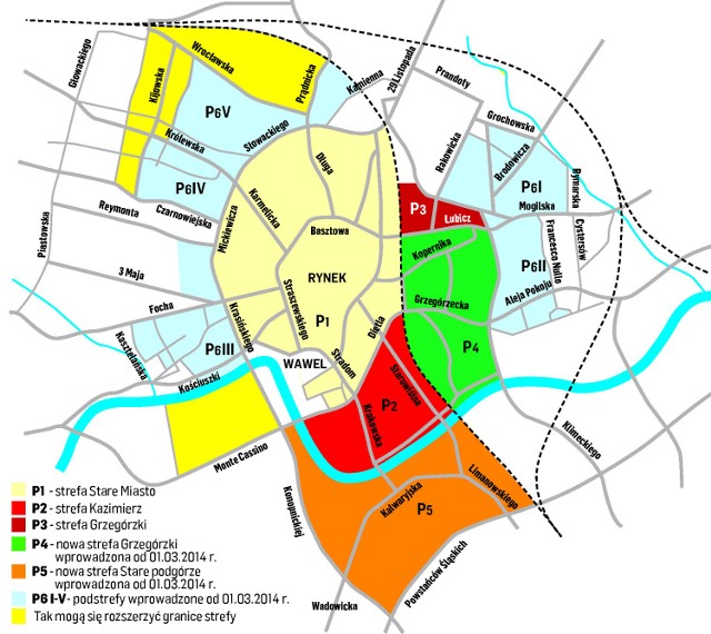 Mapa krakowskiej strefy płatnego parkowania z zaznaczonymi obszarami, na których mogą pojawić się parkomaty