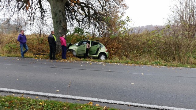 Do wypadku doszło dziś około godziny 11:00. Z nieznanych jeszcze przyczyn zielony Citroen uderzył w drzewo.