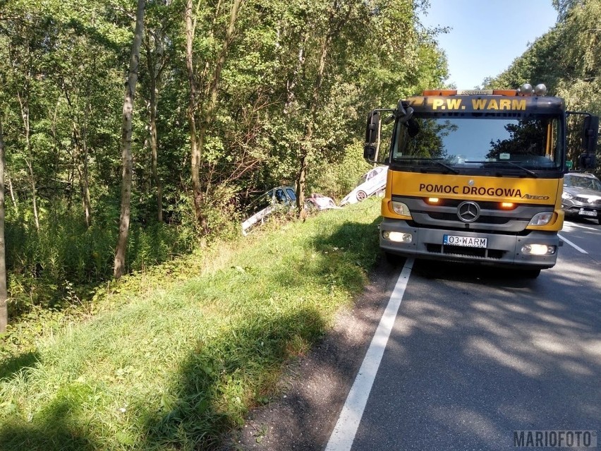 Wypadek na drodze krajowej nr 46 pod Niemodlinem. Laweta wioząca sportowe auta wylądowała w rowie [ZDJĘCIA]