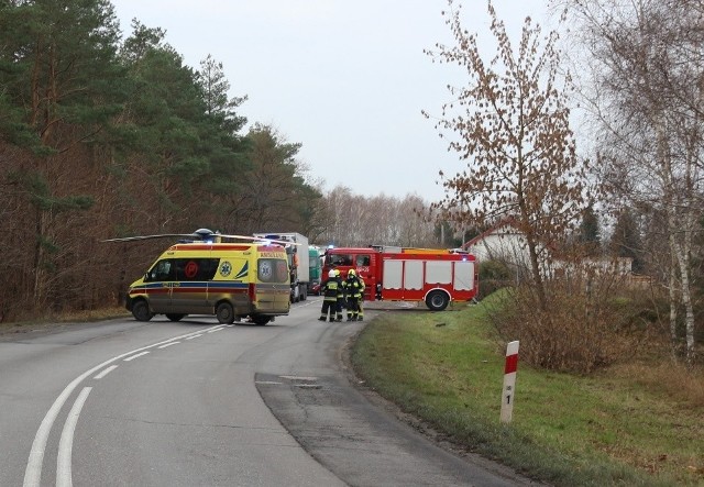 Wypadek w Antoniewie na DW 254. Okolice łuku drogi zaraz po zdarzeniu. Pojazdy służb ratunkowych