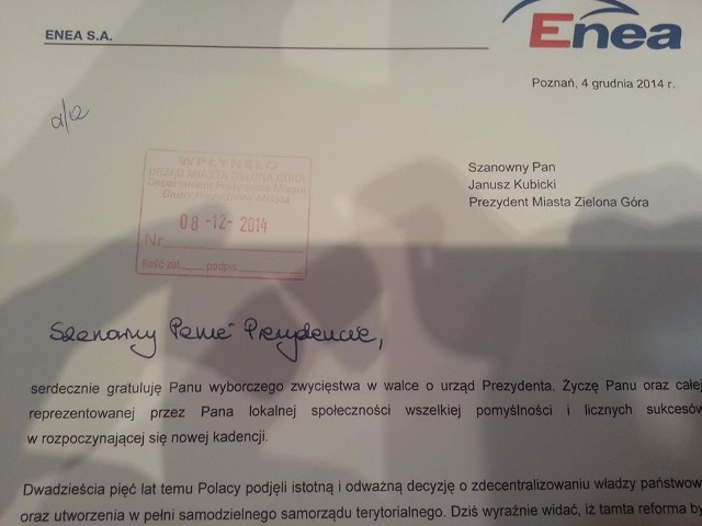 List gratulacyjny firmy Enea do Janusza Kubickiego zamieszony na profilu prezydenta na Facebooku
