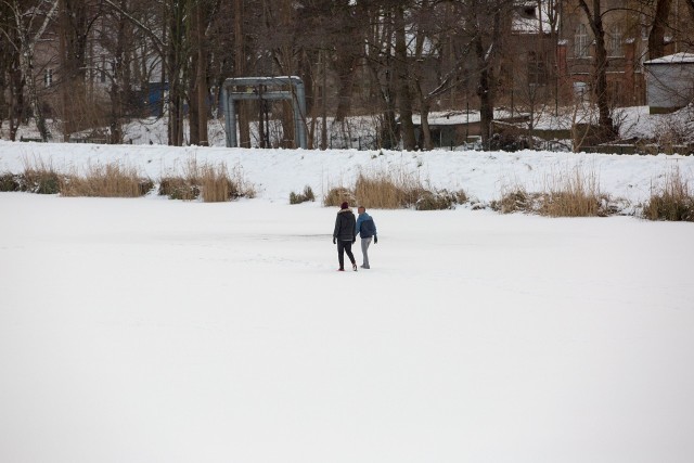 Spacer po lodzie  zamarzniętym akwenie jest śmiertelnie niebezpieczny - ostrzegają strażnicy miejscy. Na zdjęciu Zbiornik Retencyjny Srebrzysko w Gdańsku