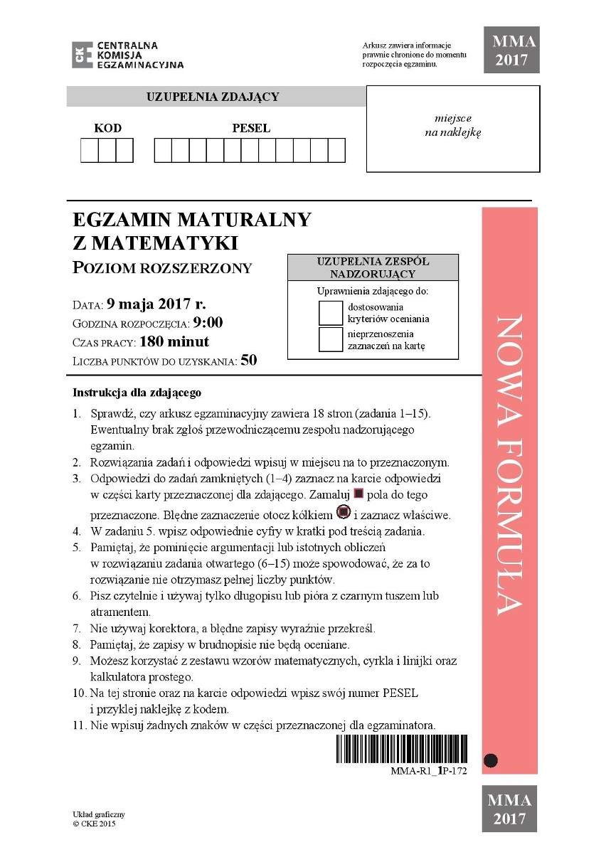 Matura 2017. MATEMATYKA rozszerzona ODPOWIEDZI, ARKUSZ CKE | Głos  Wielkopolski