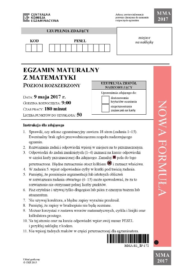 Matura 2017. MATEMATYKA rozszerzona ODPOWIEDZI, CKE ARKUSZ