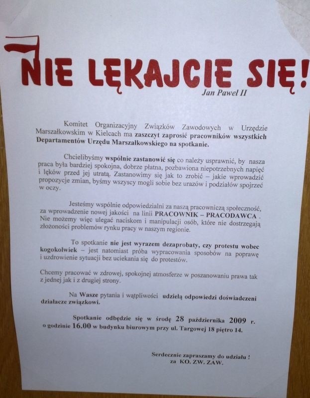 Takie ogłoszenie wisiało we wtorek w wielu miejscach biurowca przy ulicy Targowej 18 w Kielcach gdzie mieści się część Urzędu Marszałkowskiego.