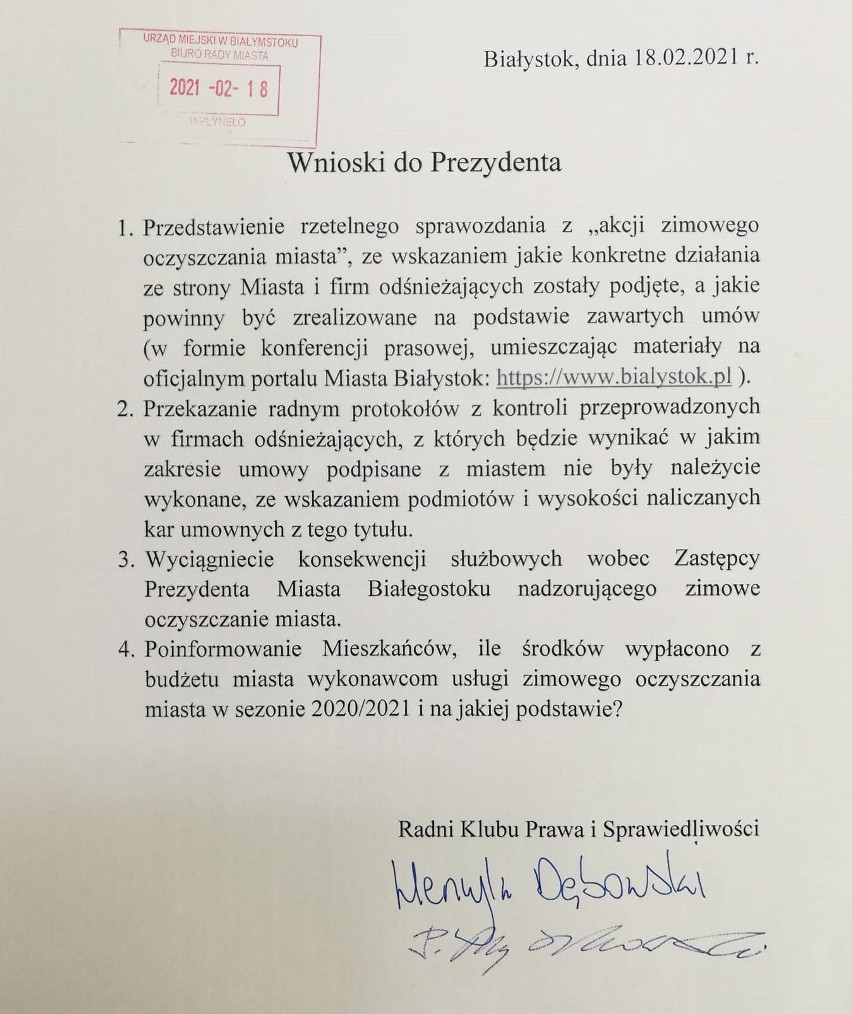 Radni PiS poprosili o ocenę umowy na odśnieżanie Białegostoku. Prawnik: Jest dobra, ale miasto źle nadzoruje jej wykonanie (zdjęcia)