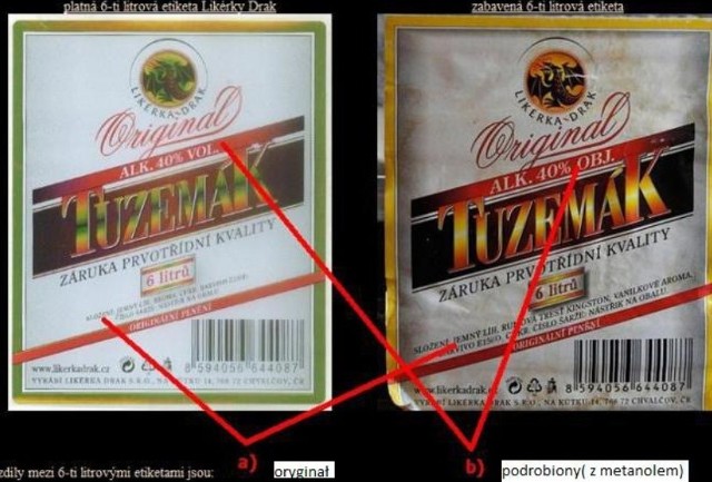 Po lewej oryginalna etykieta, po prawej etykieta podrobiona. To tylko jeden z gatunków podrabianego alkoholu.