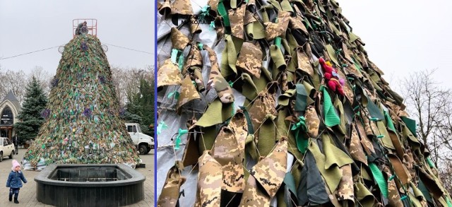 "Choinka niezłomnych" stanęła w jednym z ukraińskich miast. Jest wykonana m.in. z siatek maskujących stosowanych na froncie wojennym.