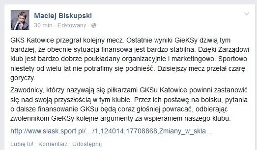 GKS Katowice znów przegrał. Radny Maciej Biskupski się zdenerwował