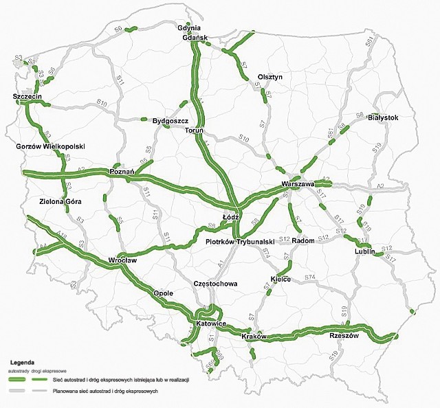 Tak wygląda zapisana w programie rządowym sieć autostrad i dróg ekspresowych zrealizowana lub w trakcie realizacji - źródło opracowania to Ministerstwo Infrastruktury i Rozwoju; w naszym regionie niewiele się dzieje - drogi ekspresowe są w sferze planów.