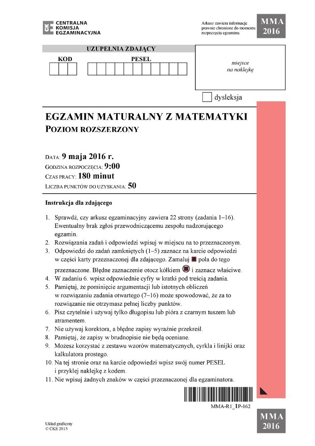 Matura 2016 - matematyka rozszerzona. ARKUSZ CKE