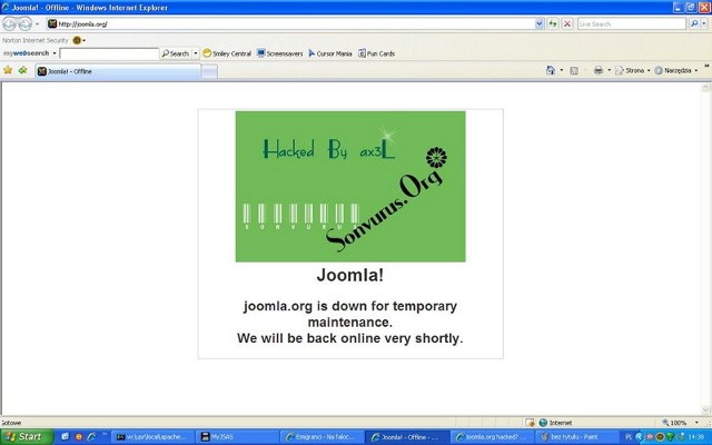Komunikat, który pozostawili po sobie hakerzy na stronie programu do projektowania stron internetowych joomla.org
