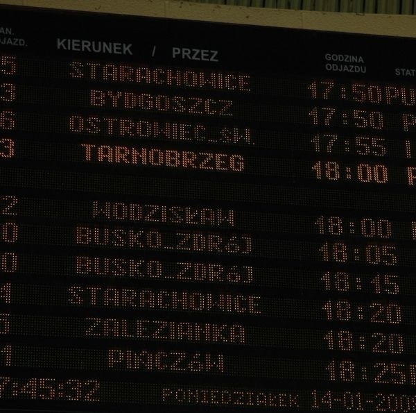 Według tego rozkładu na kieleckim dworcu, pekaes do Bydgoszczy odjedzie o godzinie 17.50. W rzeczywistości półtora roku temu ten kurs został zlikwidowany.