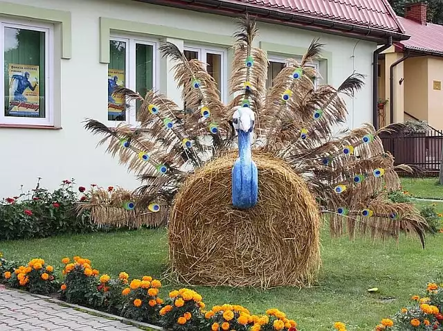 Przed Domem Kultury w Borkowicach stanął paw zrobiony ze słomy i kolorowych wstążek.