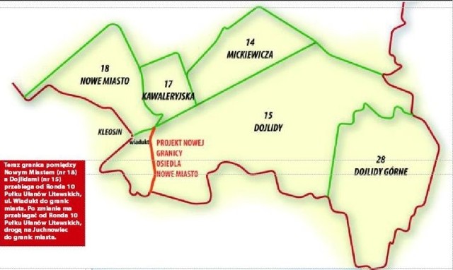 Teraz granica pomiędzy Nowym Miastem (nr 18) a Dojlidami (nr 15) przebiega od Ronda 10 Pułku Ułanów Litewskich, ul. Wiadukt do granic miasta. Po zmianie ma przebiegać od Ronda 10 Pułku Ułanów Litewskich, drogą na Juchnowiec do granic miasta.