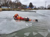 Osoba weszła na kruchy lód i wpadła do wody. Strażacy ruszyli z odsieczą – tym razem tylko w ramach ćwiczeń. Zobacz zdjęcia