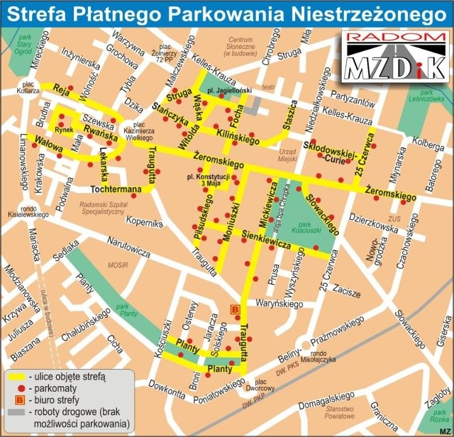 Obszar powiększonej od 1 stycznia 2010 roku Strefy Płatnego Parkowania Niestrzeżonego wraz z zaznaczoną lokalizacją parkomatów.