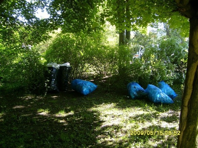 Worki wypakowane styropianem i folią strażnicy miejscy znaleźli w parku na Glinicach.