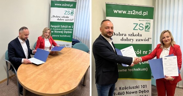 Kierownik Zakładu Produkcyjnego w Tarnobrzegu Artur Pauliński z Panią Dyrektor ZS nr 2 w Nowej Dębie Bogumiłą Małajowicz podczas podpisywania umowy o współpracy.