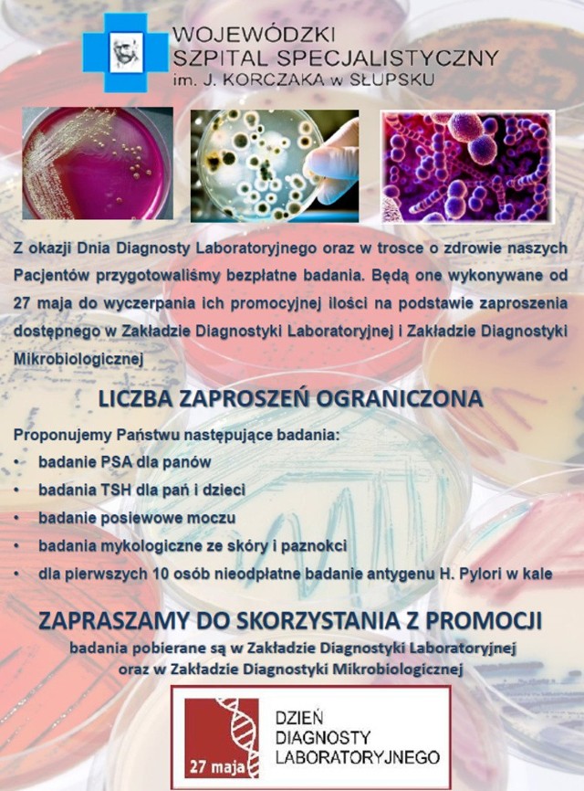 W środę przypada Dzień Diagnosty, więc słupski szpital zaprasza na cykl bezpłatnych badań dla kobiet, mężczyzn i dzieci. Liczba badań jest ograniczona.