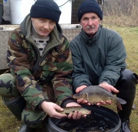 Krzysztof Chmielewski (z lewej) i Krzysztof Kowalczyk, wędkarze z Koła PZW "Jesiotr" w Szczecinku, prezentują karpie i liny, które za chwilę znajdą nowy dom w jeziorze Rybno.