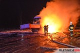 Pożar tira przy drodze krajowej nr 25 w okolicach Oleśnicy (ZDJĘCIA)